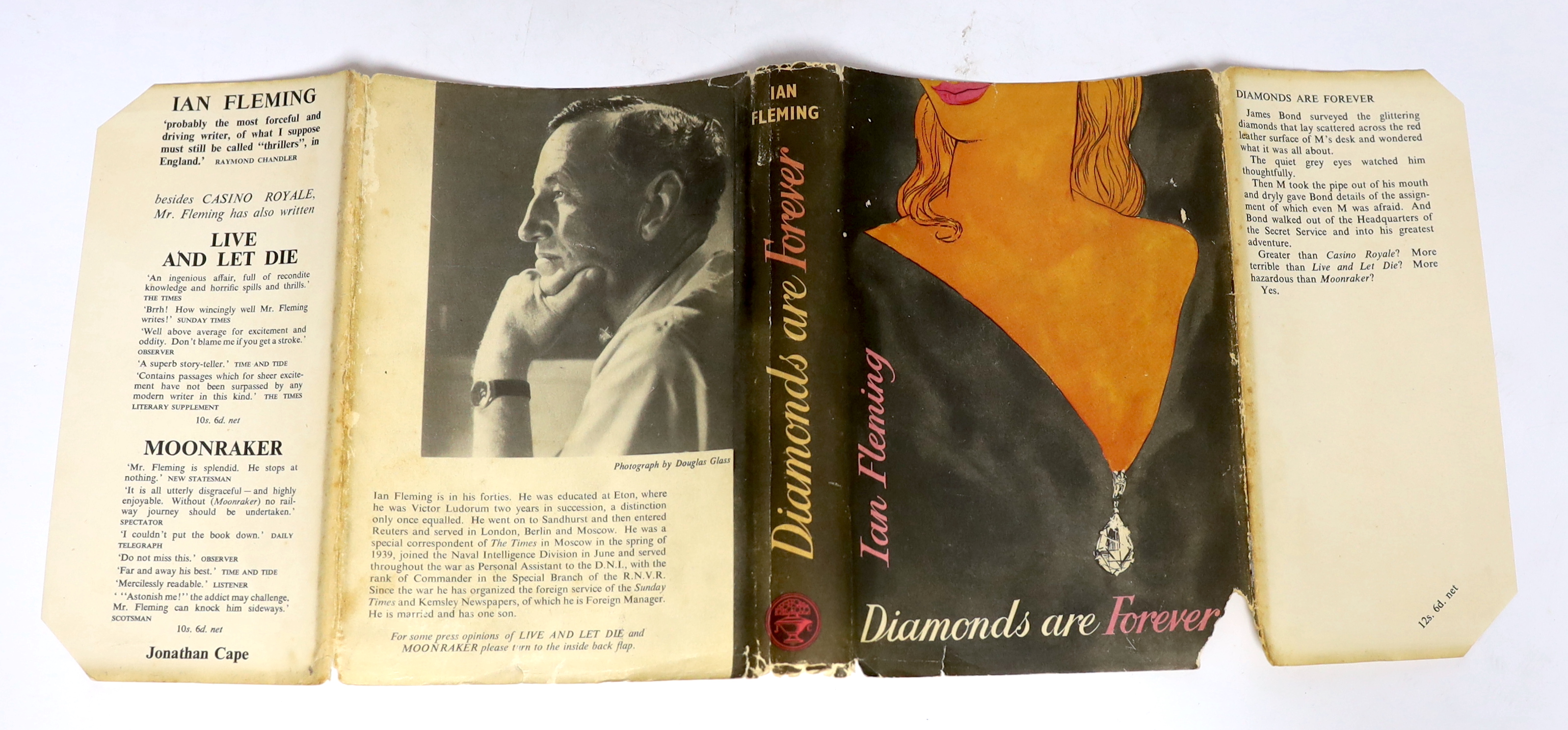 Fleming, Ian - Diamonds Are Forever, 1st edition, remainder copy, outside bound by others in yellow cloth (spine and boards spotted, front board stamped Ex Libris), 8vo, in an unclipped d/j, (leaves trimmed to 182 x122mm